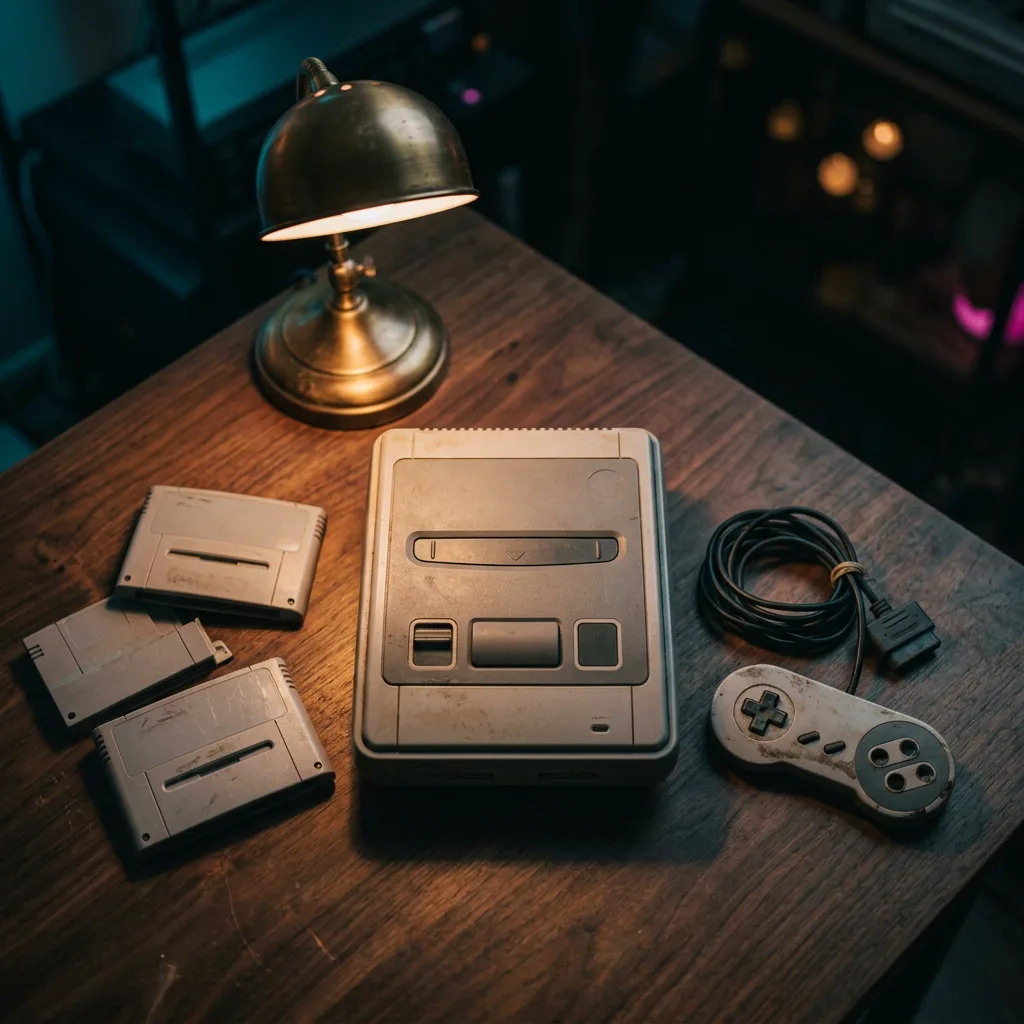 Koyu ahşap masada retro oyun konsolu, etiketsiz kartuşlar ve eski bir oyun kolu.