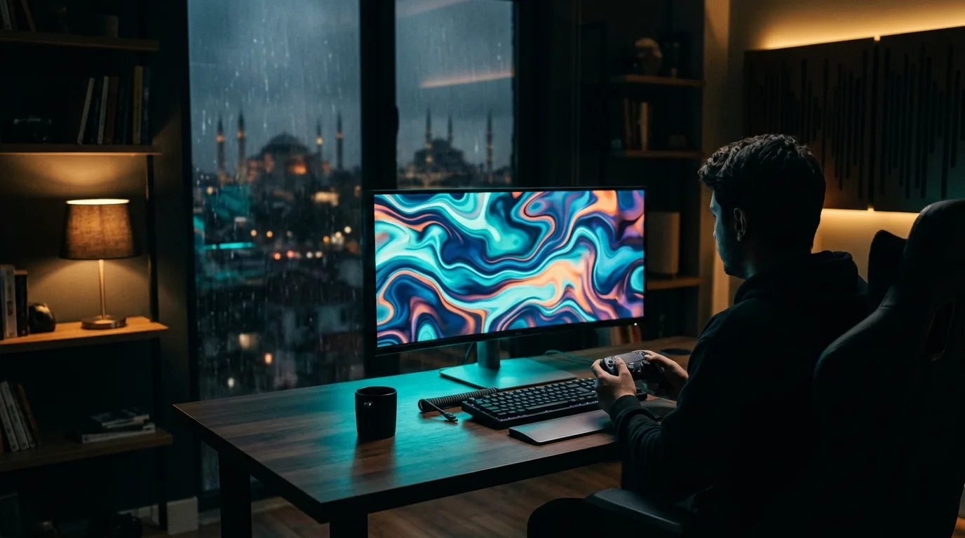 Karanlık bir odada ultra geniş monitörün önünde kumandayla oyun oynayan kişinin arkadan görünüşü ve pencerede İstanbul silueti.